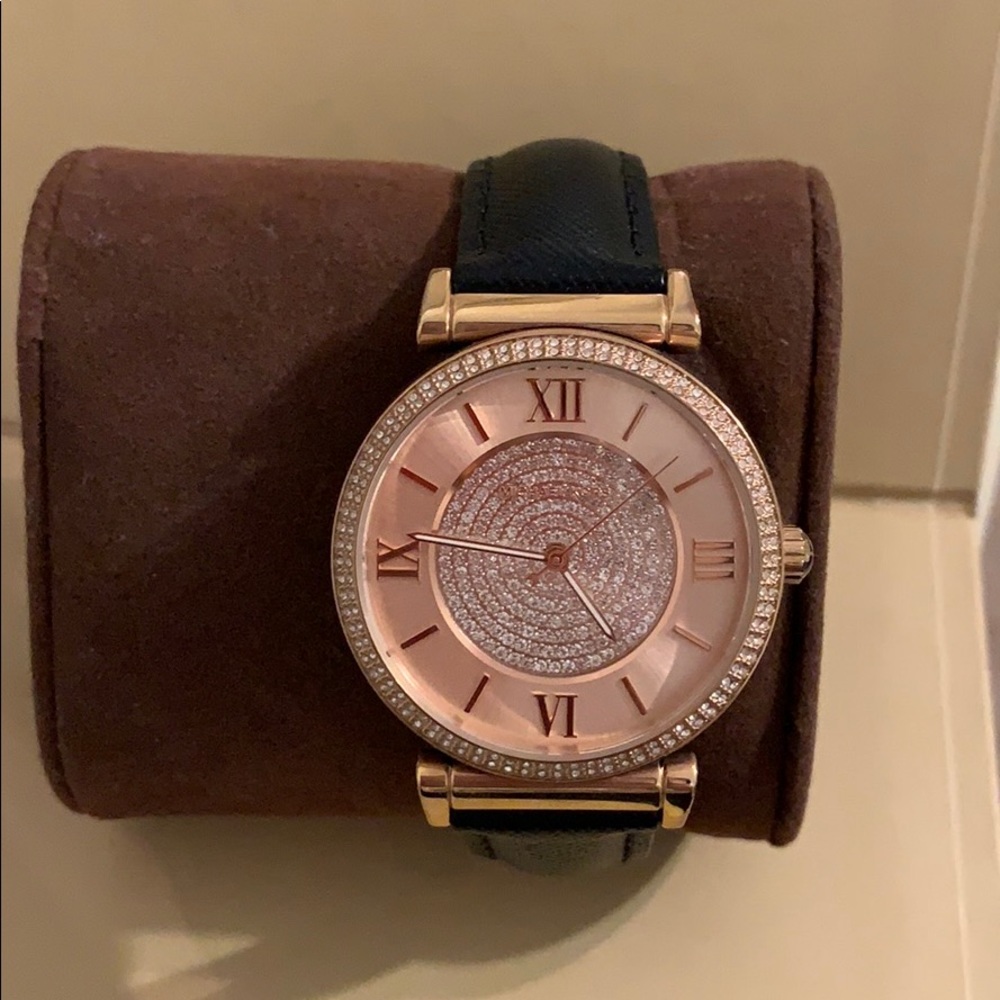 Rose gold/black leather Michael Kors Watch